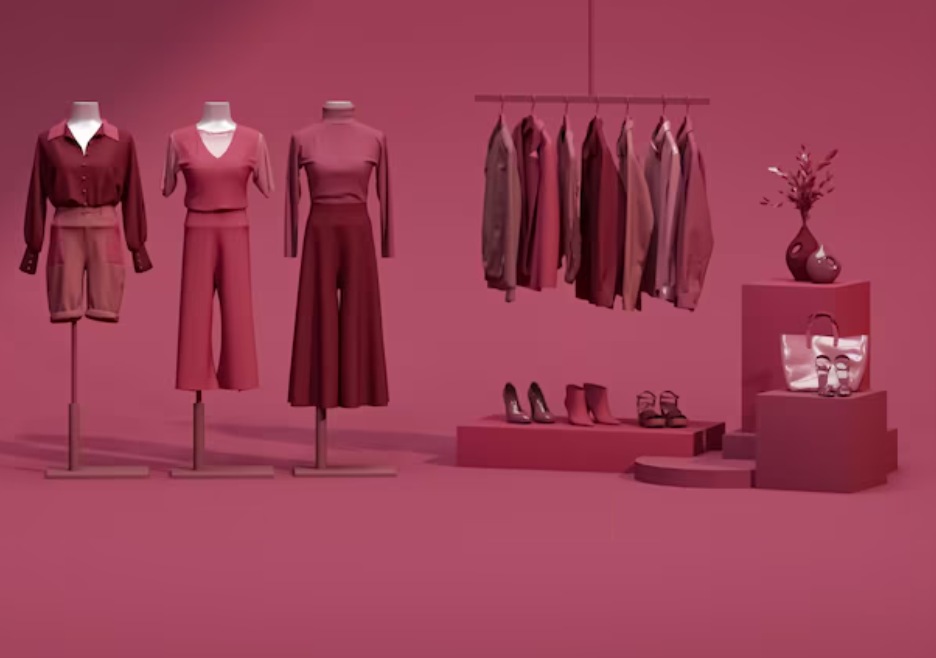 A pink display of clothes and a pink background with a mannequin