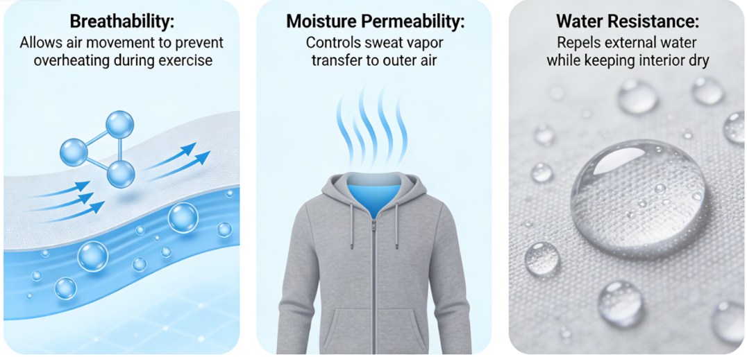 breathability, moisture permeability and water resistance